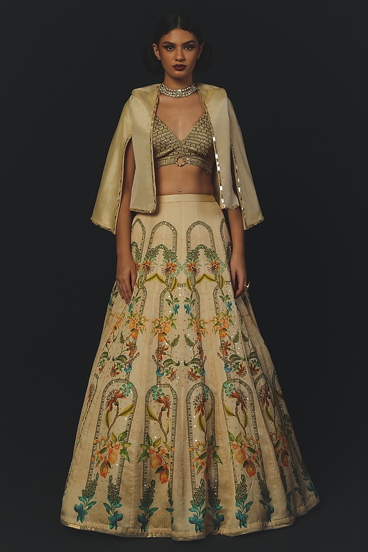 Beige Linen Satin & Tussar Wedding Lehenga Set by Basil Leaf at Pernia's Pop Up Shop