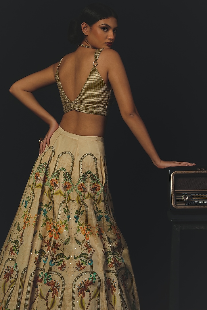 Beige Linen Satin & Tussar Wedding Lehenga Set by Basil Leaf at Pernia's Pop Up Shop