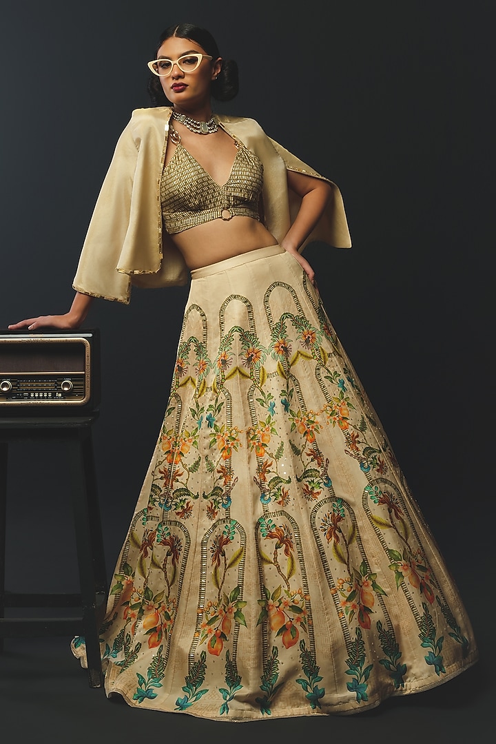 Beige Linen Satin & Tussar Wedding Lehenga Set by Basil Leaf at Pernia's Pop Up Shop