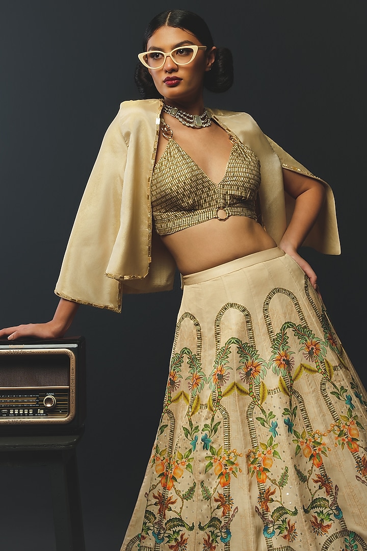 Beige Linen Satin & Tussar Wedding Lehenga Set by Basil Leaf at Pernia's Pop Up Shop