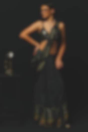 Charcoal Gajji Satin & Chiffon Pre-Draped Wedding Saree Set by Basil Leaf at Pernia's Pop Up Shop