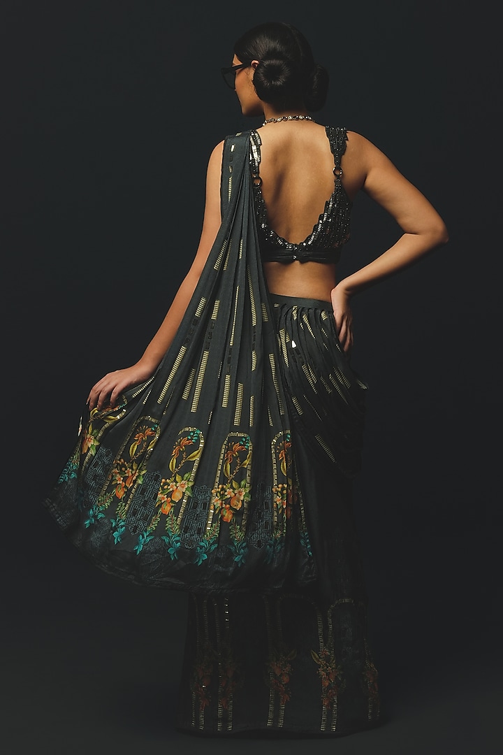 Charcoal Gajji Satin & Chiffon Pre-Draped Wedding Saree Set by Basil Leaf at Pernia's Pop Up Shop