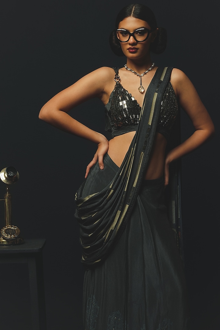 Charcoal Gajji Satin & Chiffon Pre-Draped Wedding Saree Set by Basil Leaf at Pernia's Pop Up Shop