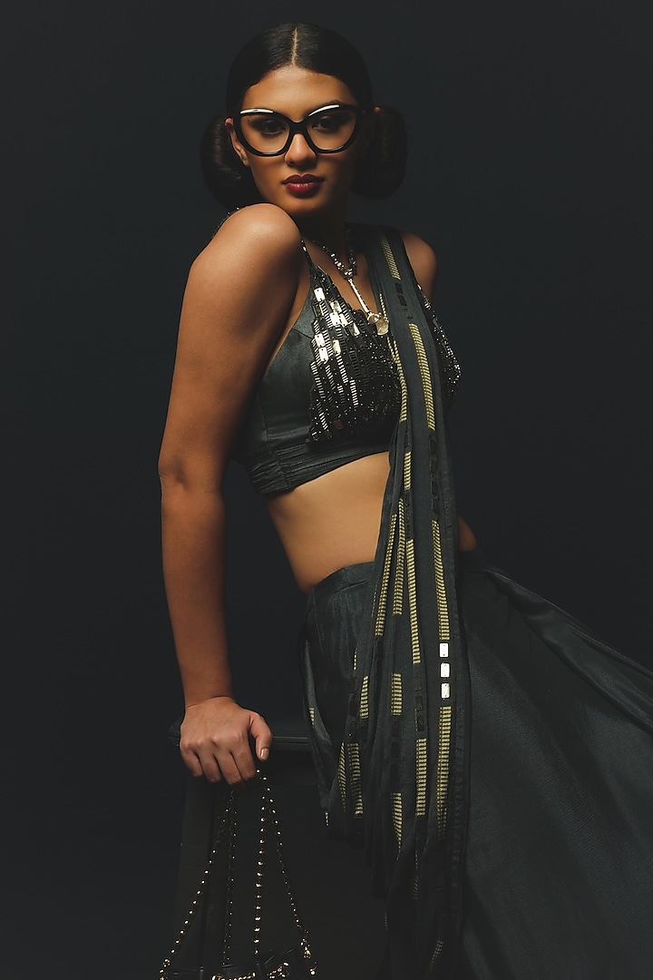 Charcoal Gajji Satin & Chiffon Pre-Draped Wedding Saree Set by Basil Leaf at Pernia's Pop Up Shop