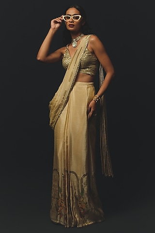 Beige Gajji Satin & Chiffon Pre-Draped Saree Set by Basil Leaf