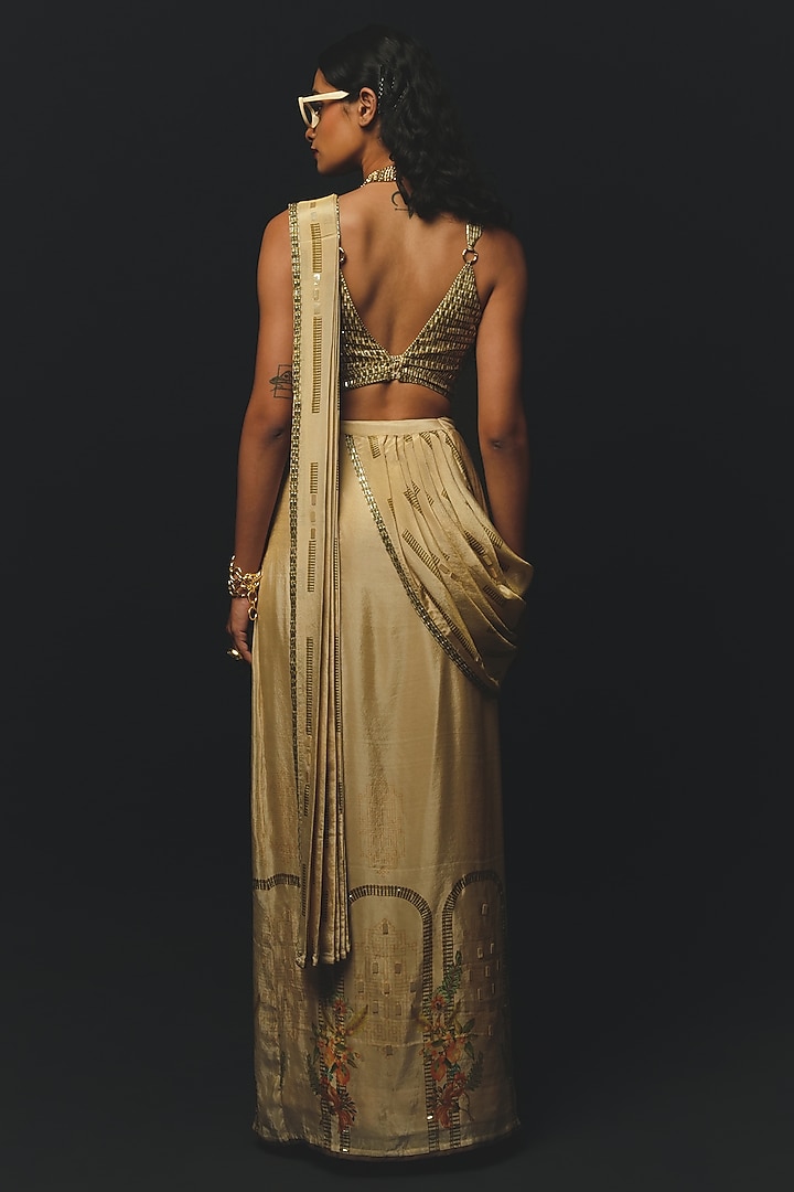 Beige Gajji Satin & Chiffon Pre-Draped Wedding Saree Set by Basil Leaf at Pernia's Pop Up Shop