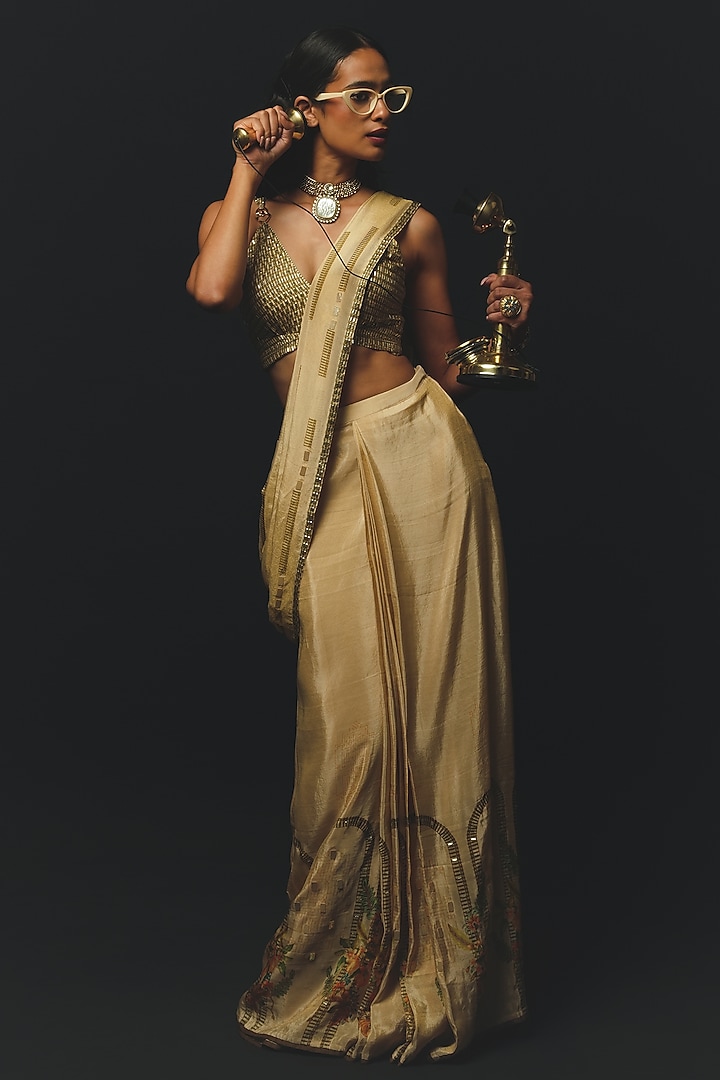 Beige Gajji Satin & Chiffon Pre-Draped Wedding Saree Set by Basil Leaf at Pernia's Pop Up Shop