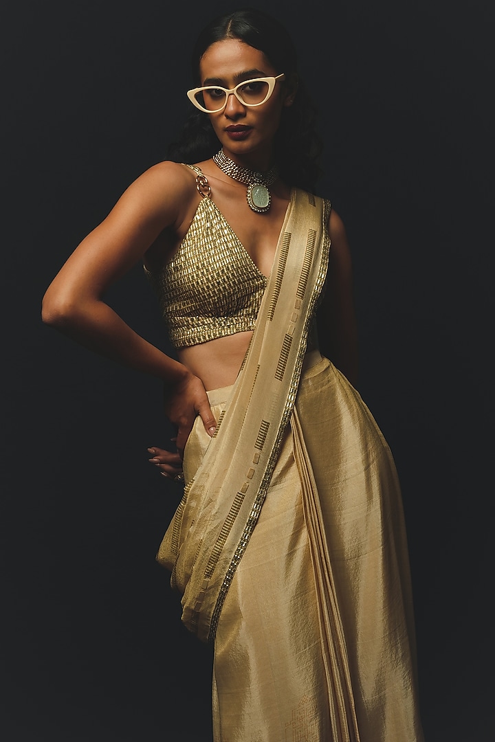 Beige Gajji Satin & Chiffon Pre-Draped Wedding Saree Set by Basil Leaf at Pernia's Pop Up Shop