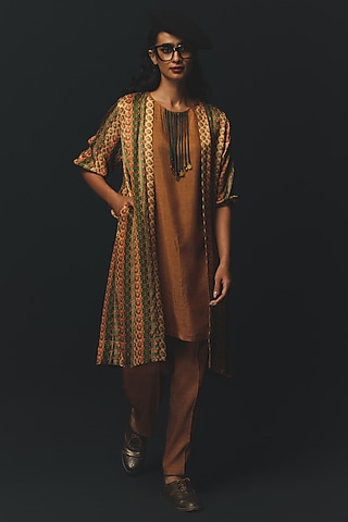 Beige Gajji Satin Jacket Set by Basil Leaf