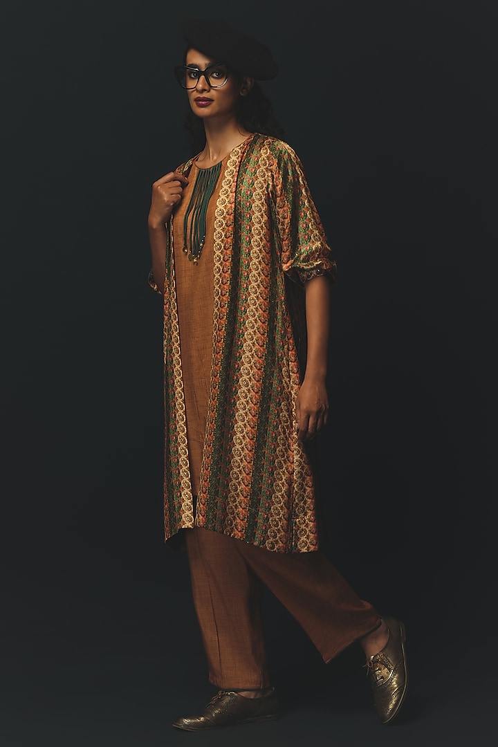 Beige Gajji Satin Jacket Set by Basil Leaf at Pernia's Pop Up Shop
