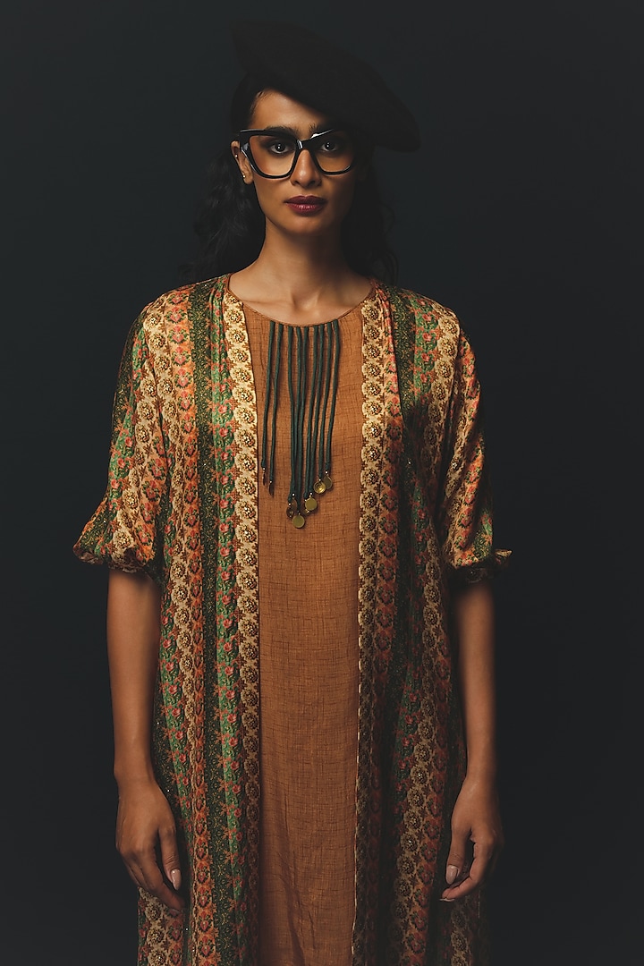 Beige Gajji Satin Jacket Set by Basil Leaf at Pernia's Pop Up Shop