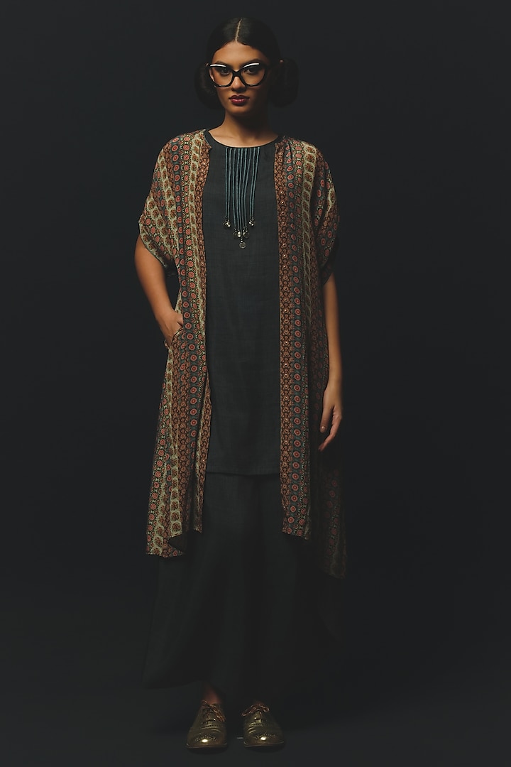 Grey Linen & Crepe Satin Jacket Set by Basil Leaf at Pernia's Pop Up Shop