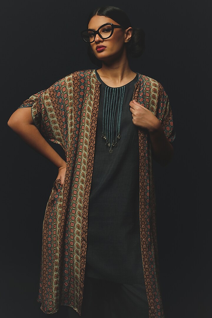 Grey Linen & Crepe Satin Jacket Set by Basil Leaf at Pernia's Pop Up Shop