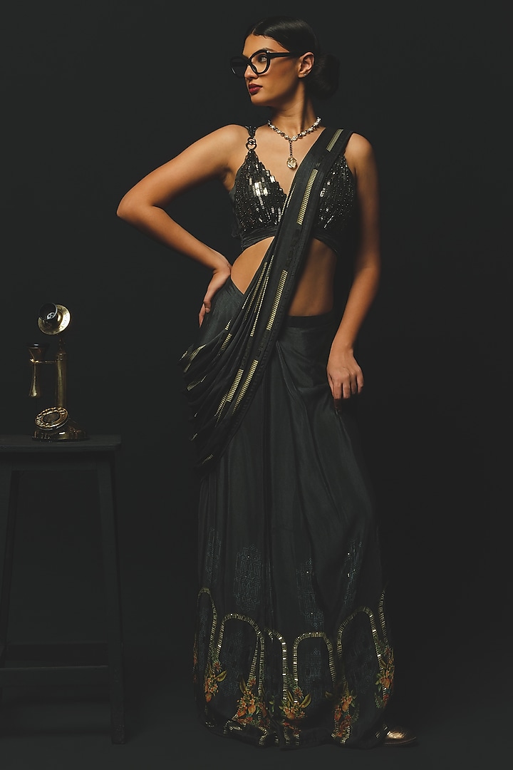 Charcoal Gajji Satin & Chiffon Pre-Draped Wedding Saree Set by Basil Leaf at Pernia's Pop Up Shop