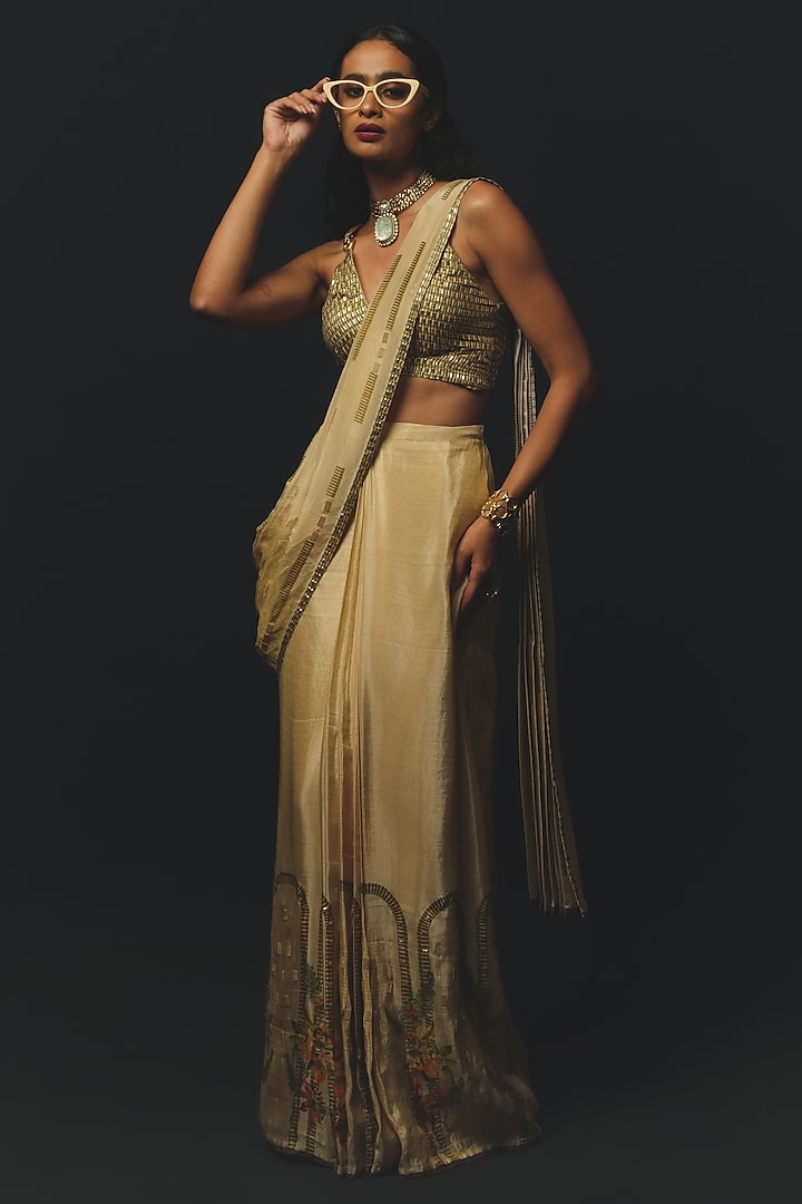Beige Gajji Satin & Chiffon Pre-Draped Wedding Saree Set by Basil Leaf at Pernia's Pop Up Shop