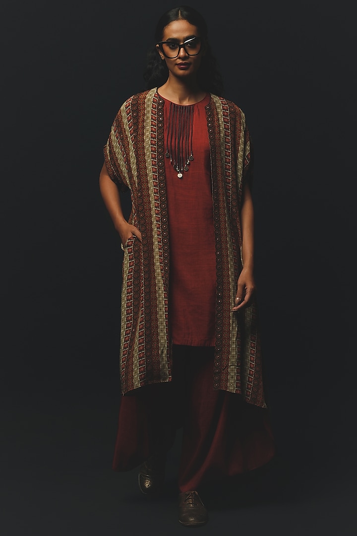 Rust Linen & Crepe Satin Jacket Set by Basil Leaf at Pernia's Pop Up Shop