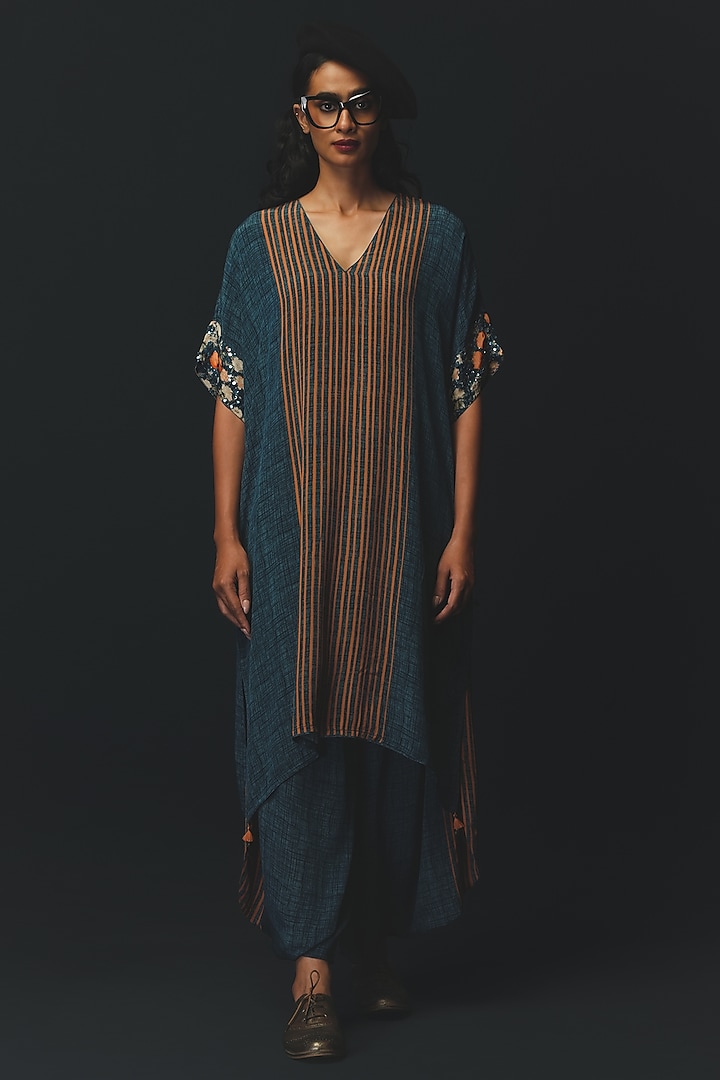 Navy Blue Crepe Textured Tunic Set by Basil Leaf at Pernia's Pop Up Shop