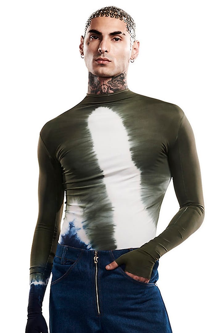 Grey & Green Polyamide Tie-dye Bodysuit by BLONI MEN