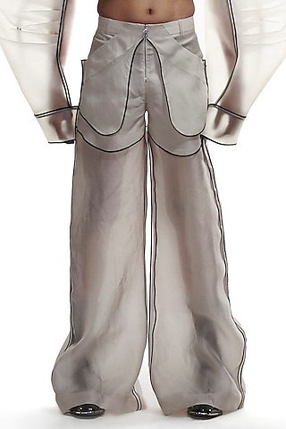 Grey Satin Organza Pants by BLONI MEN