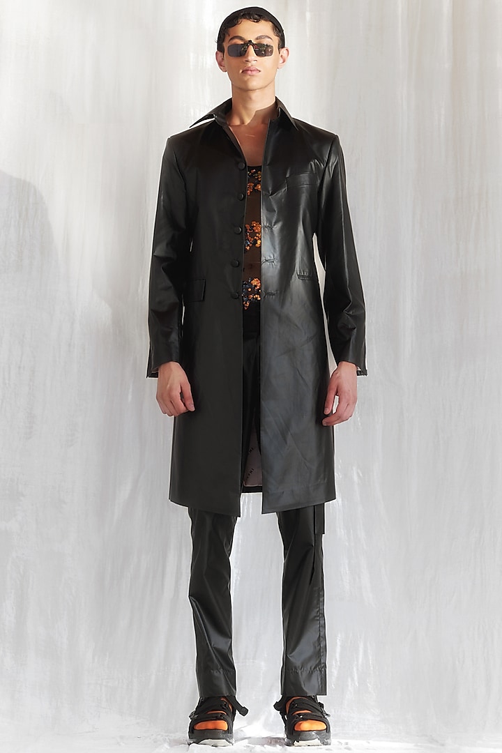 Black Faux Leather Trench Coat by BLONI MEN
