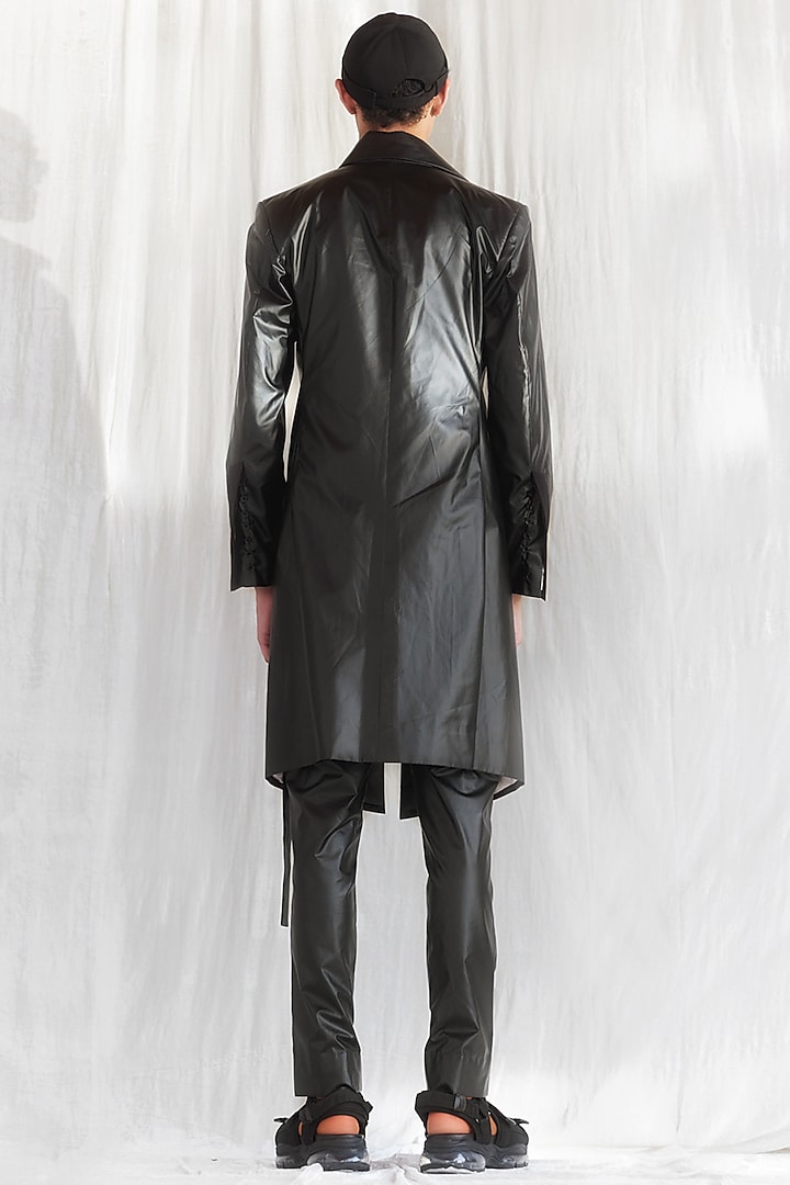 Black Faux Leather Trench Coat by BLONI MEN at Pernia's Pop Up Shop