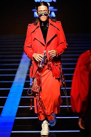 Red Travel Coat With T-shirt & Pants by BLONI MEN