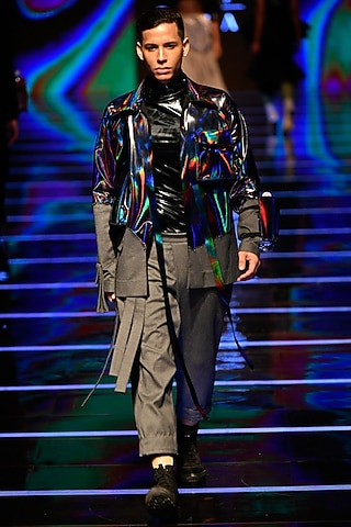 Blue Faux Patent Leather Deconstructive Safari Jacket Set by BLONI MEN