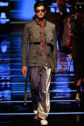 Grey Cotton Twill Safari Jacket Set by BLONI MEN