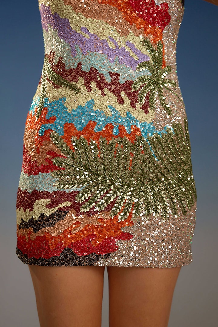 Multi-Colored Mesh Sequin Embroidered Bodycon Mini Vacation Dress by BLING EMPIRE at Pernia's Pop Up Shop