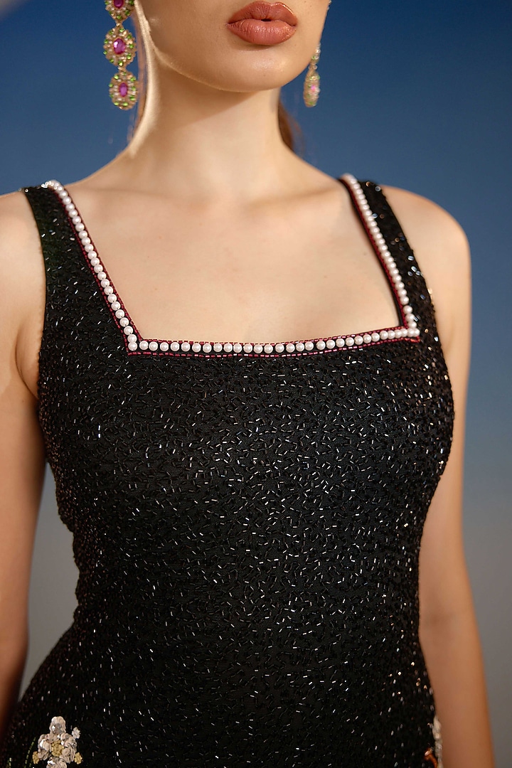 Black Mesh Floral Embellished Bodycon Mini Vacation Dress by BLING EMPIRE at Pernia's Pop Up Shop