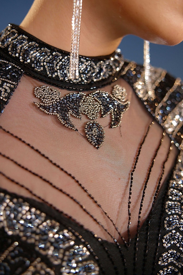 Midnight Black Mesh Bead Embellished Mini Vacation Dress by BLING EMPIRE at Pernia's Pop Up Shop