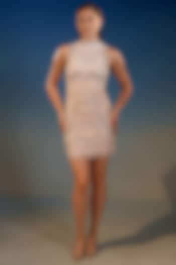 Beige Mesh Pearl & Bead Embellished Mini Cocktail Dress by BLING EMPIRE at Pernia's Pop Up Shop