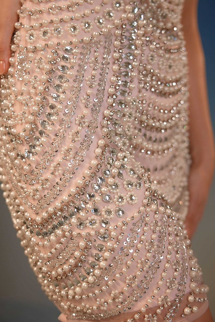 Beige Mesh Pearl & Bead Embellished Mini Cocktail Dress by BLING EMPIRE at Pernia's Pop Up Shop