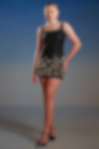 Black Mesh Floral Embroidered Mini Vacation Dress by BLING EMPIRE at Pernia's Pop Up Shop