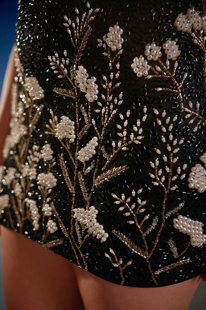Black Mesh Floral Embroidered Mini Vacation Dress by BLING EMPIRE at Pernia's Pop Up Shop