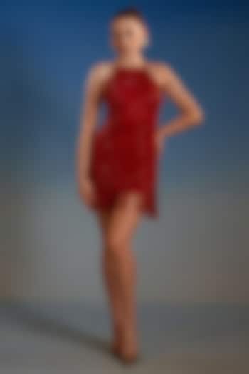 Crimson Red Mesh Embellished Mini Vacation Dress by BLING EMPIRE at Pernia's Pop Up Shop