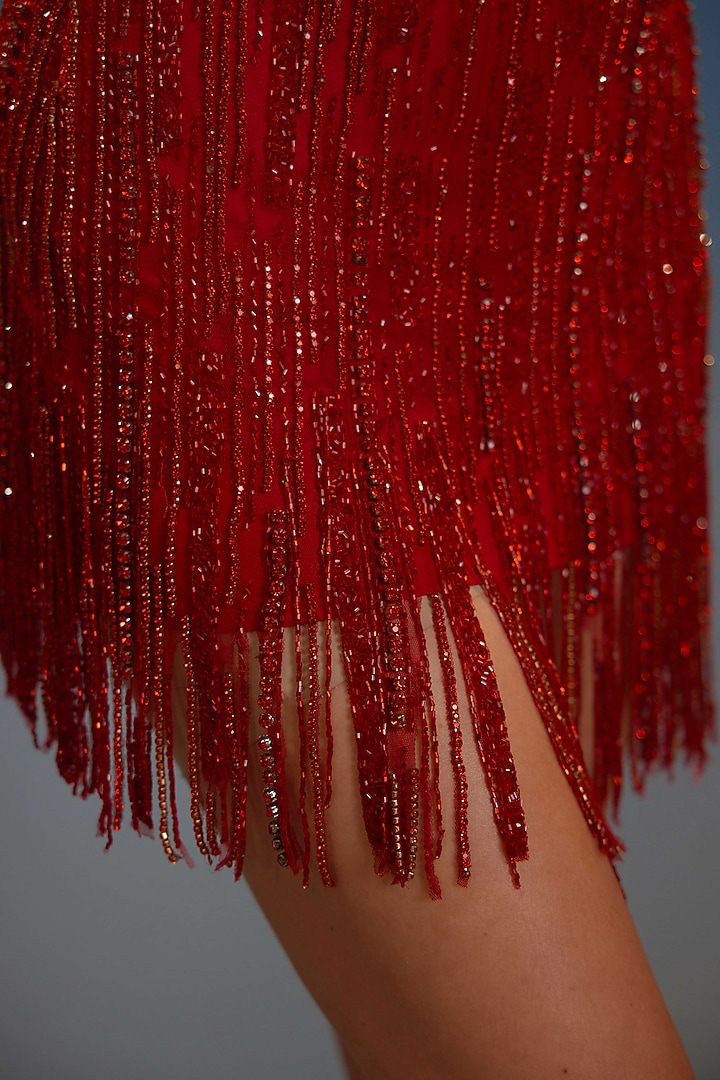 Crimson Red Mesh Embellished Mini Vacation Dress by BLING EMPIRE at Pernia's Pop Up Shop