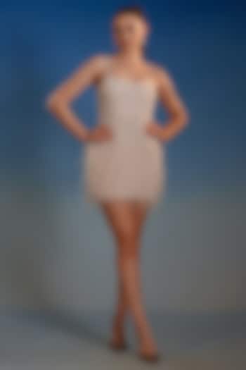 Beige Mesh Pearl Embellished Mini Vacation Dress by BLING EMPIRE at Pernia's Pop Up Shop