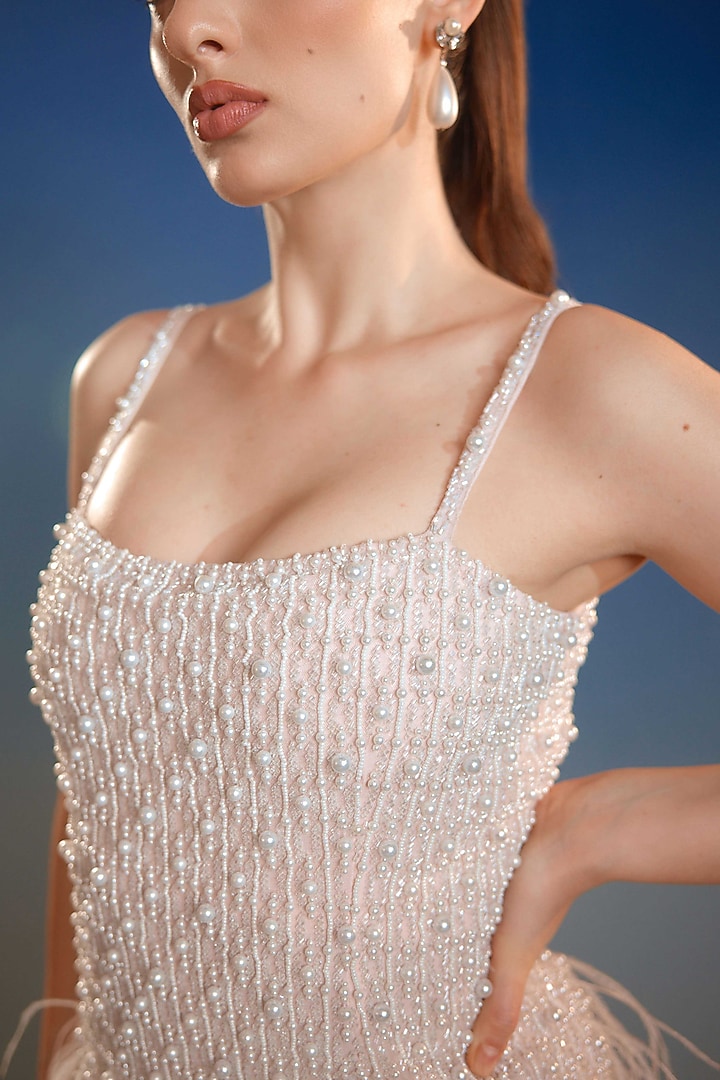 Beige Mesh Pearl Embellished Mini Vacation Dress by BLING EMPIRE at Pernia's Pop Up Shop