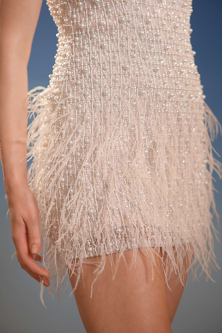 Beige Mesh Pearl Embellished Mini Vacation Dress by BLING EMPIRE at Pernia's Pop Up Shop
