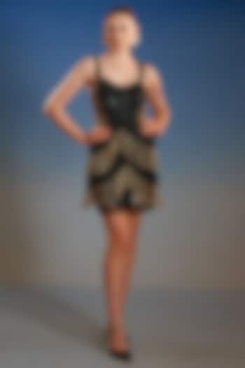 Black & Gold Mesh Crystal Embellished Mini Vacation Dress by BLING EMPIRE at Pernia's Pop Up Shop