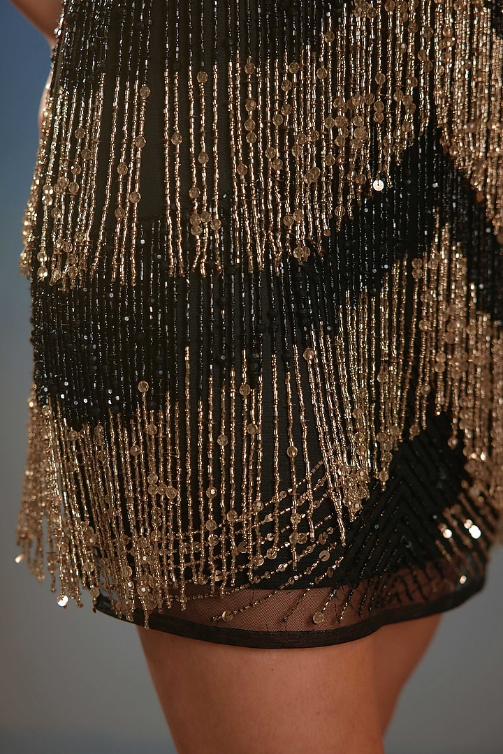 Black & Gold Mesh Crystal Embellished Mini Vacation Dress by BLING EMPIRE at Pernia's Pop Up Shop