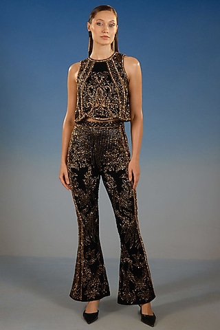 Black & Gold Velvet Pant Set by BLING EMPIRE
