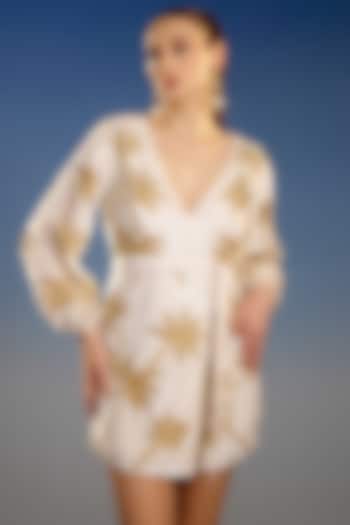 White & Gold Mesh Embroidered Wrap Mini Vacation Dress by BLING EMPIRE at Pernia's Pop Up Shop