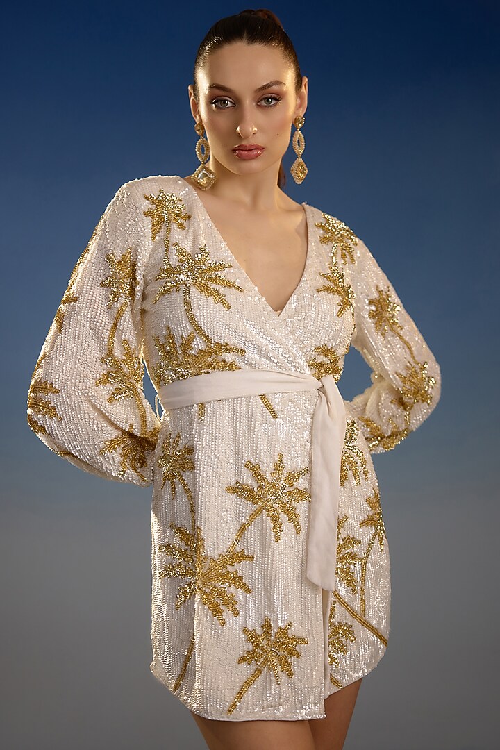 White & Gold Mesh Embroidered Wrap Mini Vacation Dress by BLING EMPIRE at Pernia's Pop Up Shop