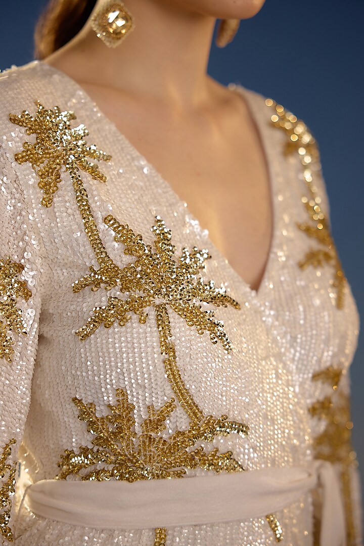 White & Gold Mesh Embroidered Wrap Mini Vacation Dress by BLING EMPIRE at Pernia's Pop Up Shop