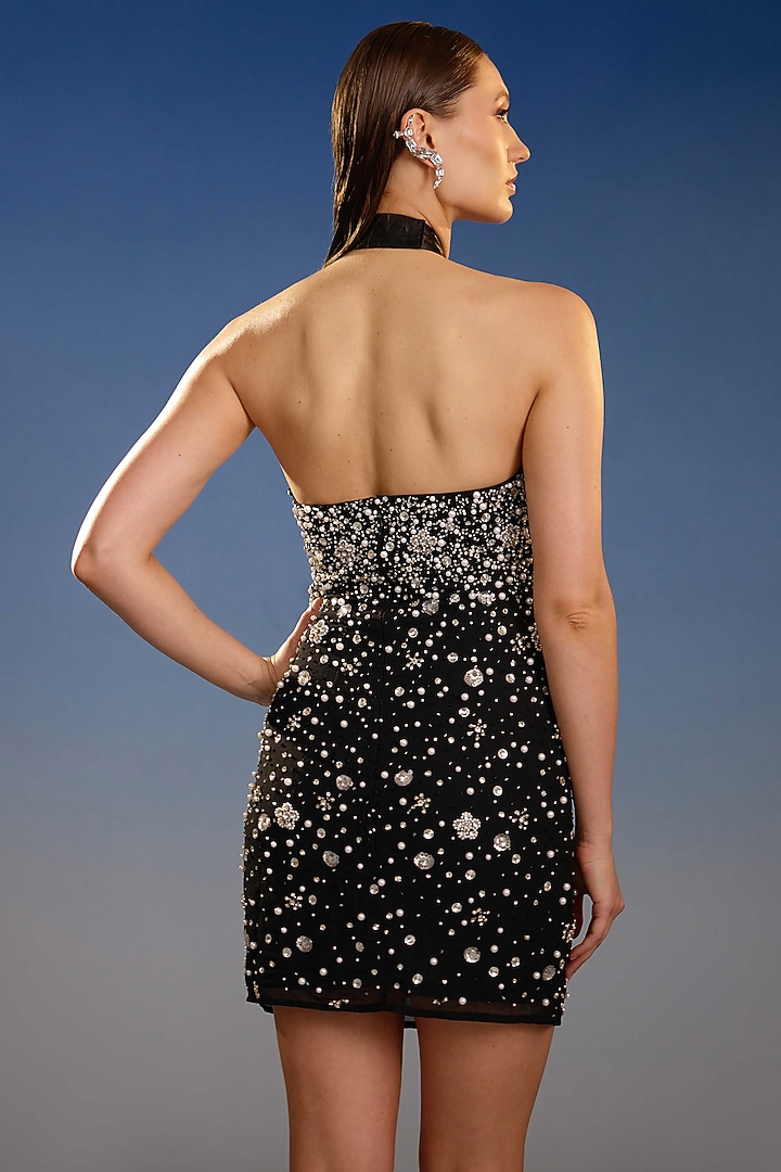 Black Mesh Bead Work Halter Mini Vacation Dress by BLING EMPIRE at Pernia's Pop Up Shop