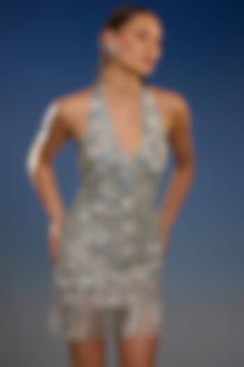 Powder Blue Mesh Embellished Halter Mini Cocktail Dress by BLING EMPIRE at Pernia's Pop Up Shop
