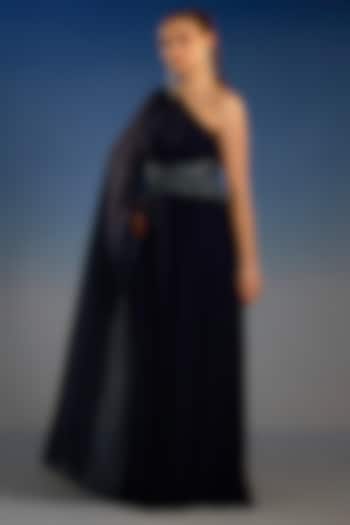Navy Mesh One-Shoulder Draped Party Wear Gown by BLING EMPIRE at Pernia's Pop Up Shop