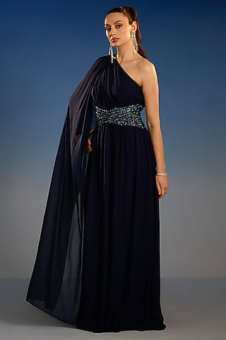Navy Mesh One-Shoulder Draped Gown by BLING EMPIRE
